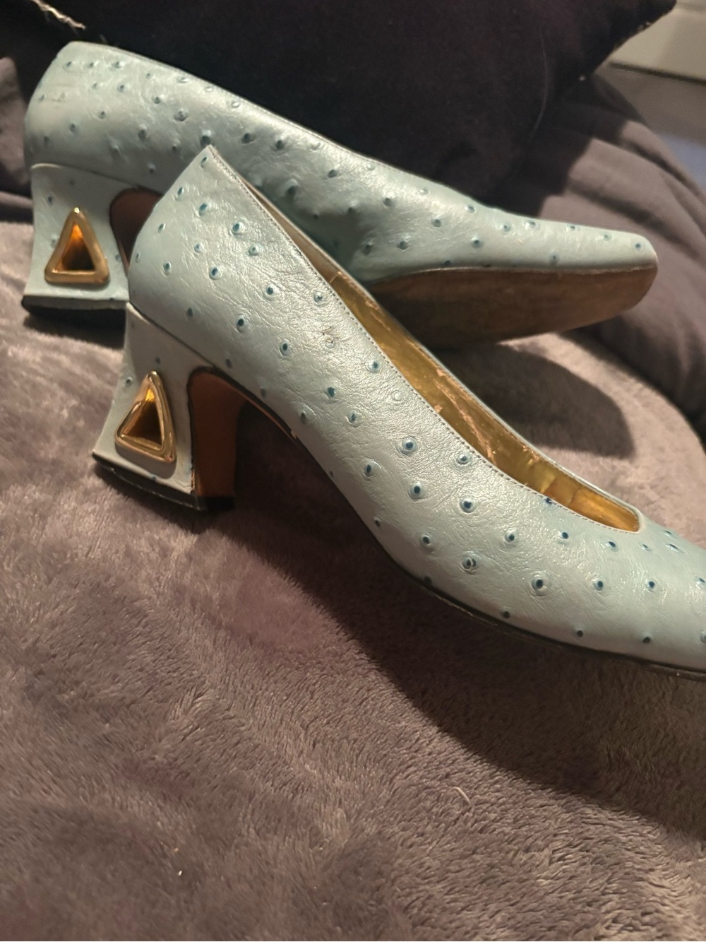 Timothy Hitsman Light Blue Ostrich-Textured Heel Pumps with Gold Accent